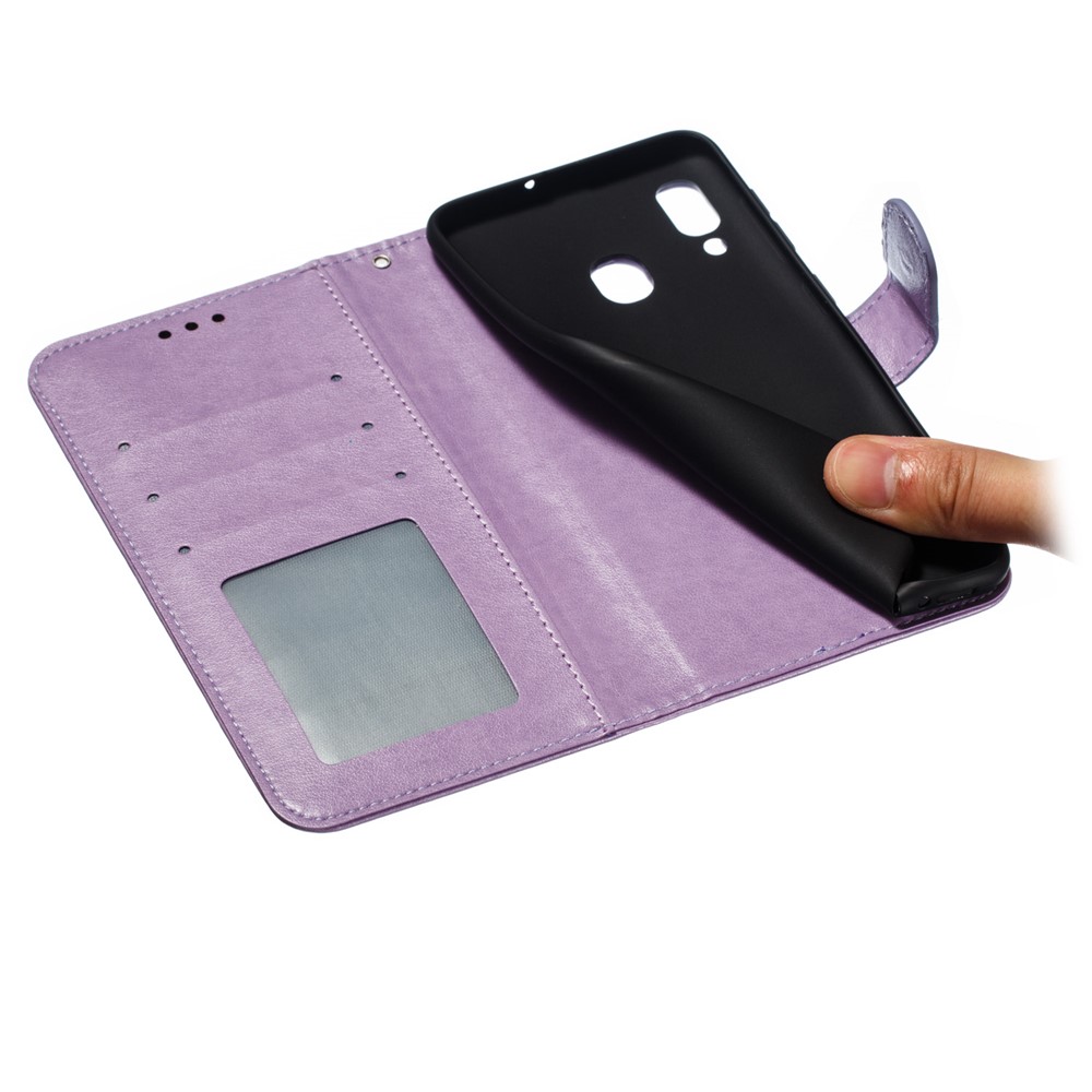 Impressão Mandola Flor Stand Carteira de Couro Para Samsung Galaxy A30 / A20 - Roxo