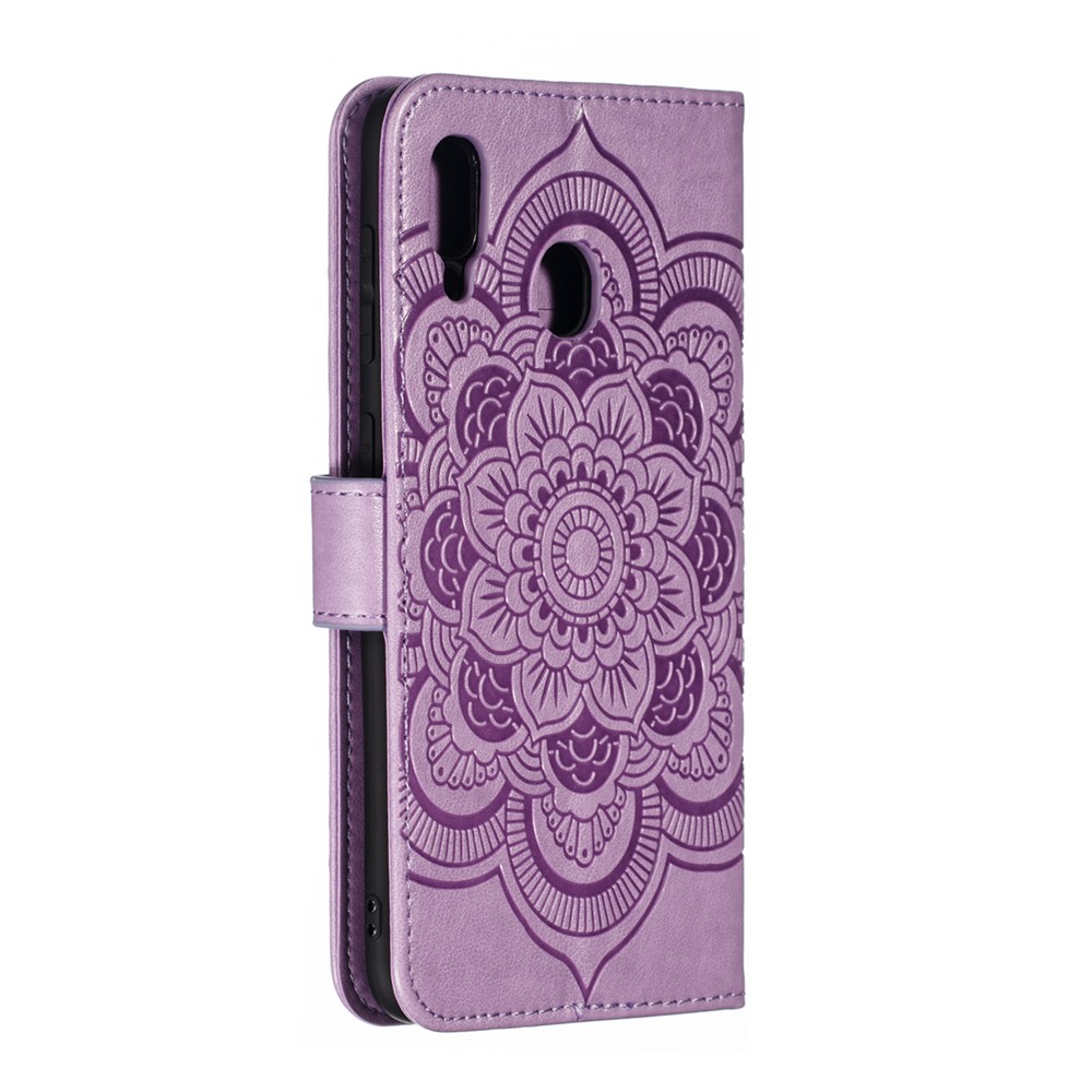 Impressão Mandola Flor Stand Carteira de Couro Para Samsung Galaxy A30 / A20 - Roxo