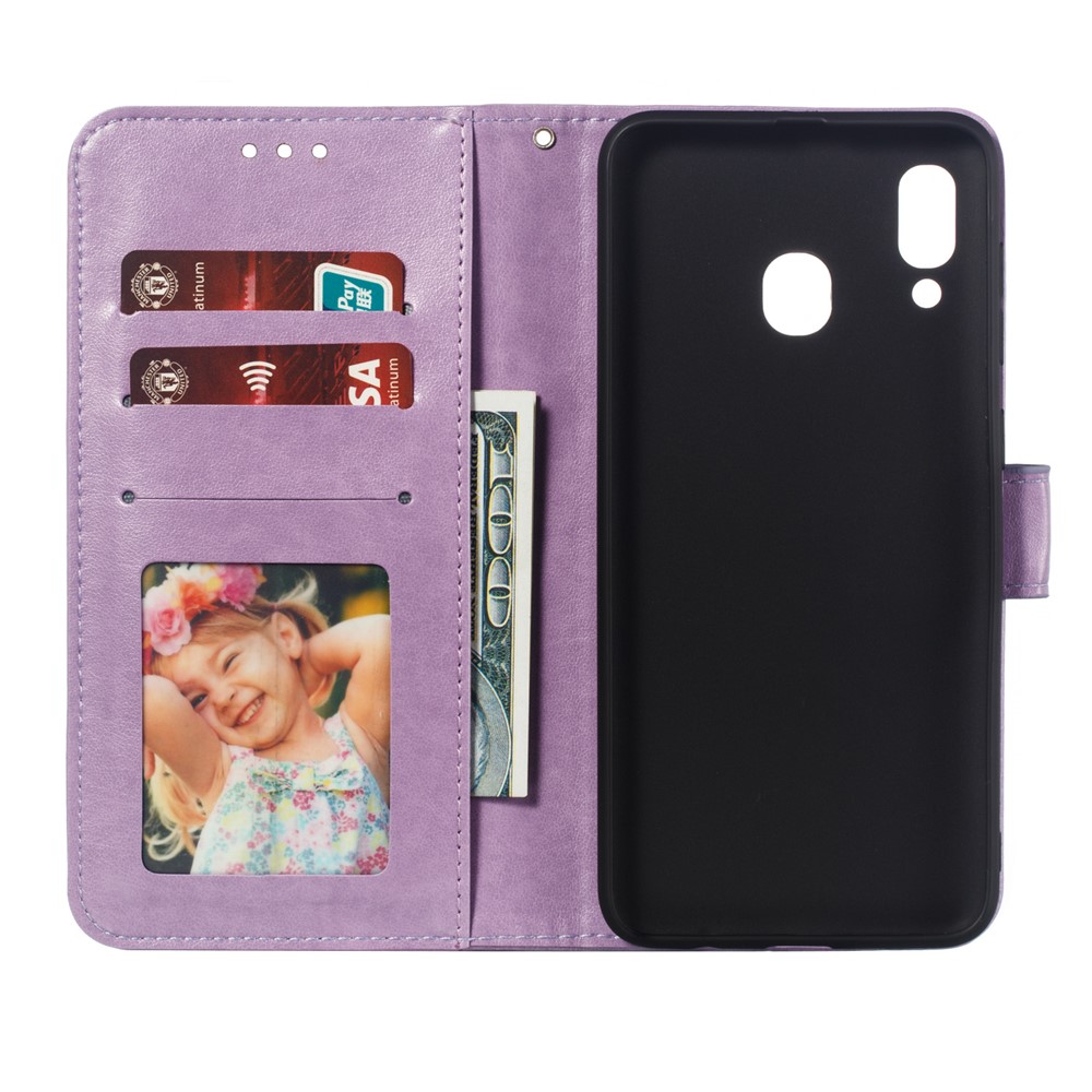 Impresión Mandala Flower Stand Billet Case de Cuero Para Samsung Galaxy A30 / A20 - Violeta