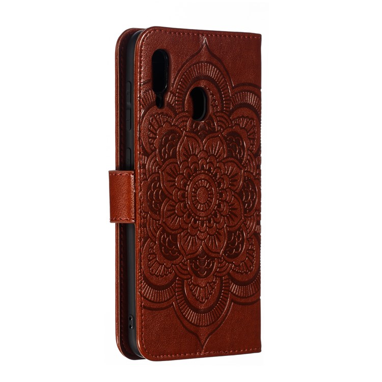 Imprint Mandala Flower Stand Wallet Leather Case for Samsung Galaxy A30 / A20 - Brown-4