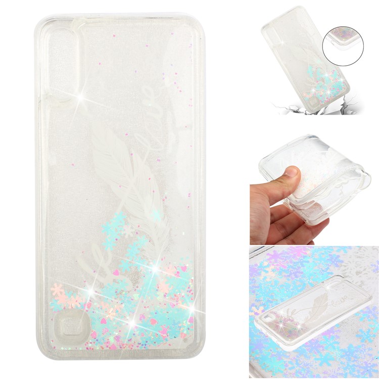Moving Glitter Powder Sequins Patterned TPU Case for Samsung Galaxy A10/M10 - White Feather-1