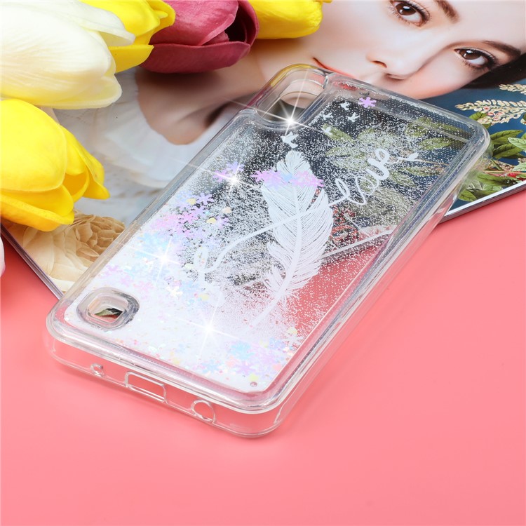 Moving Glitter Powder Sequins Patterned TPU Case for Samsung Galaxy A10/M10 - White Feather-6