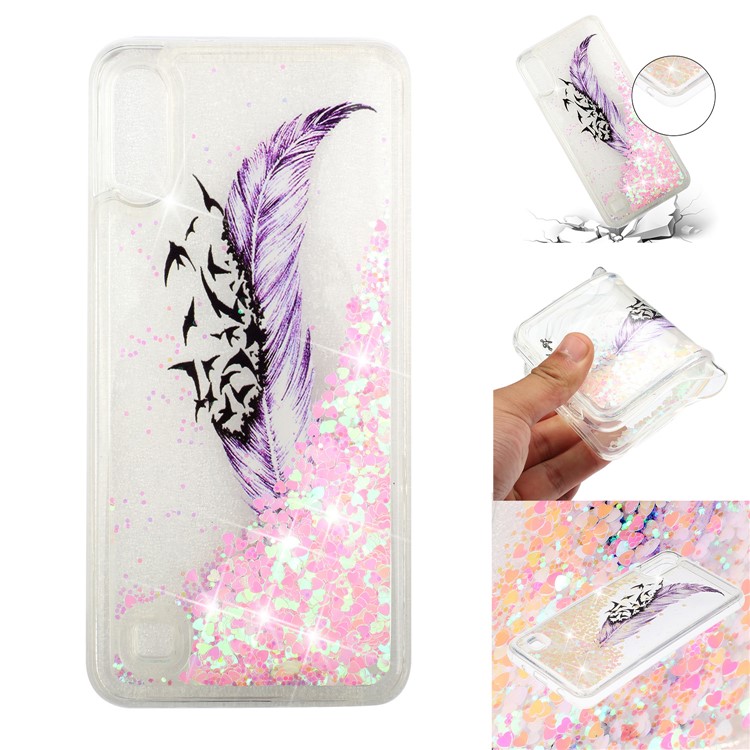 Moving Glitter Powder Sequins Patterned TPU Case for Samsung Galaxy A10/M10 - Purple Feather-1