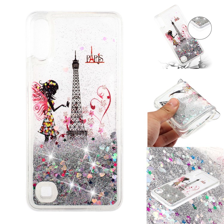 Moving Glitter Powder Sequins Patterned TPU Case for Samsung Galaxy A10/M10 - Eiffel Tower and Butterfly Girl-1