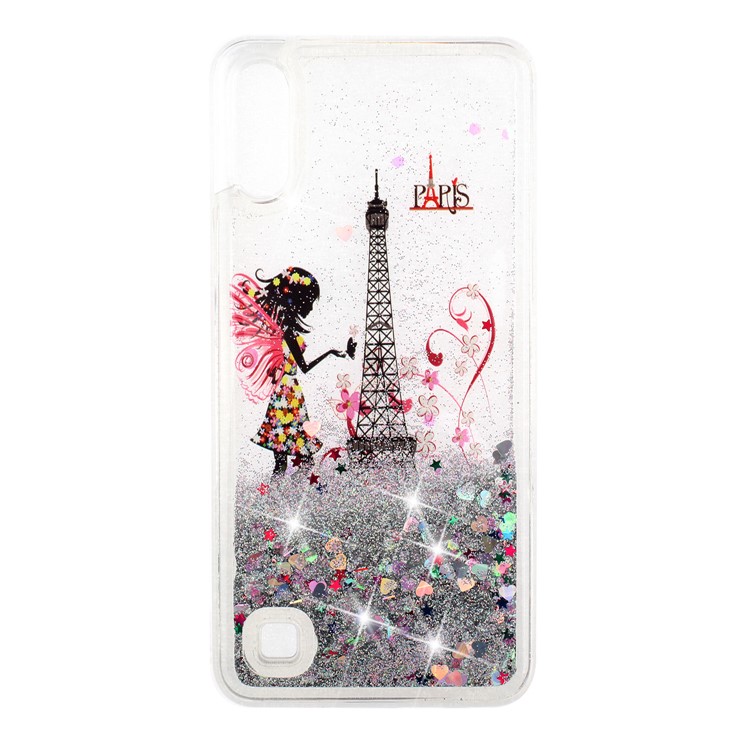 Moving Glitter Powder Sequins Patterned TPU Case for Samsung Galaxy A10/M10 - Eiffel Tower and Butterfly Girl-2