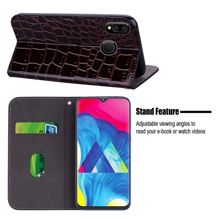 Crocodile Texture Glittery Sequins Splicing PU Leather Auto-absorbed Case for Samsung Galaxy M20 - Black-12
