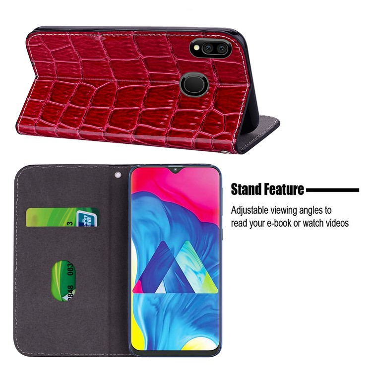 Crocodile Texture Glittery Sequins Splicing PU Leather Auto-absorbed Case for Samsung Galaxy M20 - Red-12