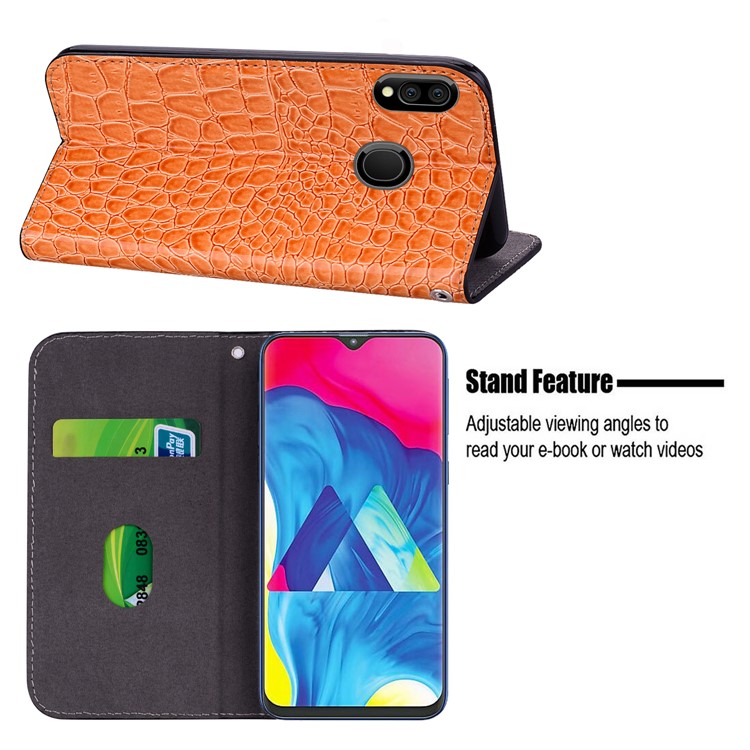 Crocodile Texture Glittery Sequins Splicing PU Leather Auto-absorbed Case for Samsung Galaxy M20 - Orange-12