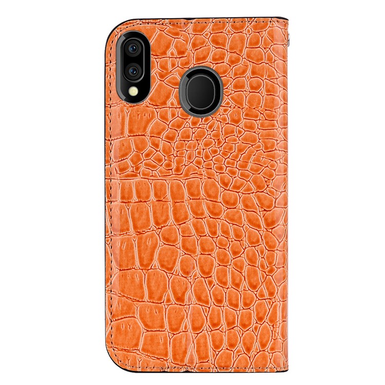 Crocodile Texture Glittery Sequins Splicing PU Leather Auto-absorbed Case for Samsung Galaxy M20 - Orange-3