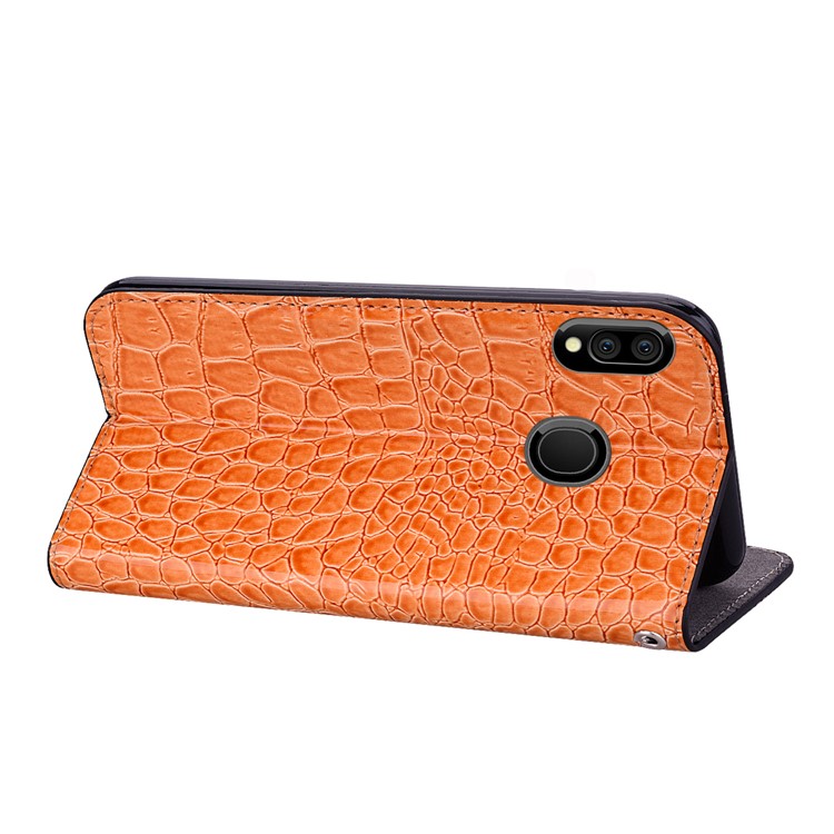 Crocodile Texture Glittery Sequins Splicing PU Leather Auto-absorbed Case for Samsung Galaxy M20 - Orange-8