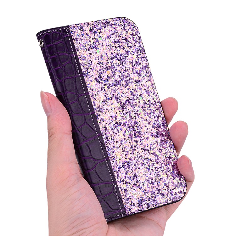 Crocodile Texture Glittery Sequins Splicing PU Leather Auto-absorbed Case for Samsung Galaxy M20 - Purple-10