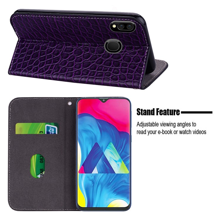 Crocodile Texture Glittery Sequins Splicing PU Leather Auto-absorbed Case for Samsung Galaxy M20 - Purple-12