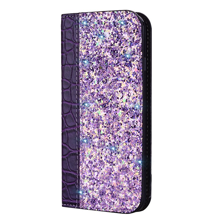 Crocodile Texture Glittery Sequins Splicing PU Leather Auto-absorbed Case for Samsung Galaxy M20 - Purple-2