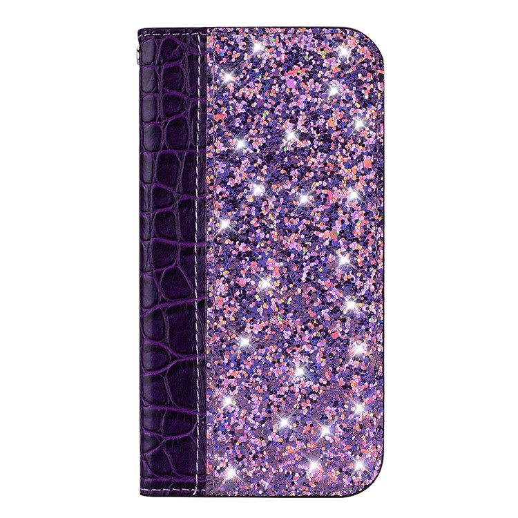 Crocodile Texture Glittery Sequins Splicing PU Leather Auto-absorbed Case for Samsung Galaxy M20 - Purple-4