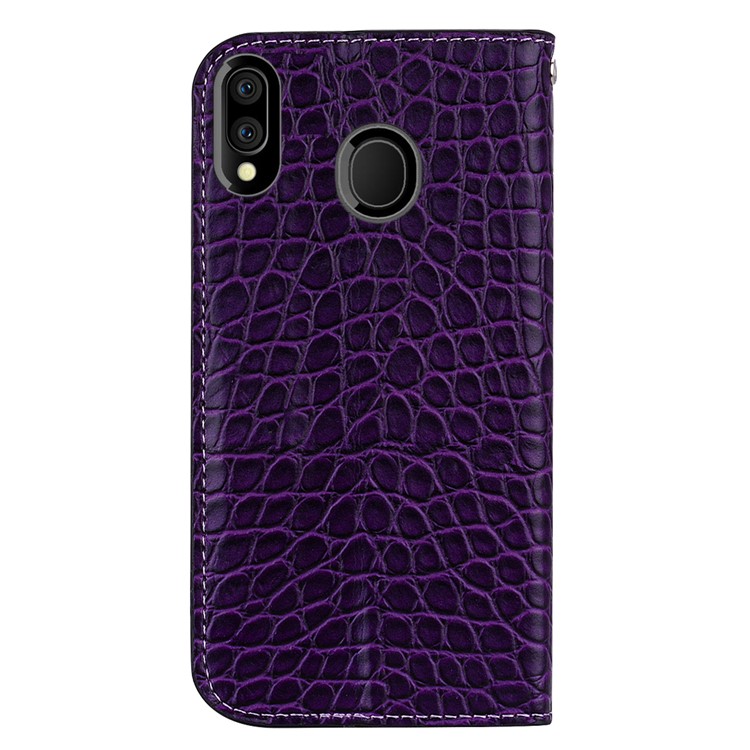 Crocodile Texture Glittery Sequins Splicing PU Leather Auto-absorbed Case for Samsung Galaxy M20 - Purple-5