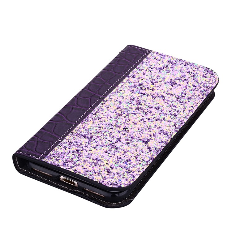 Crocodile Texture Glittery Sequins Splicing PU Leather Auto-absorbed Case for Samsung Galaxy M20 - Purple-6