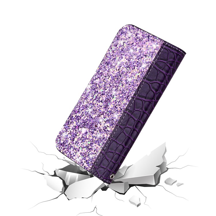 Crocodile Texture Glittery Sequins Splicing PU Leather Auto-absorbed Case for Samsung Galaxy M20 - Purple-9