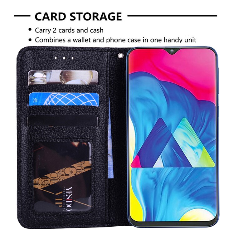 Litchi Skin Leather Stand Case with Card Slots for Samsung Galaxy M20 - Black-8