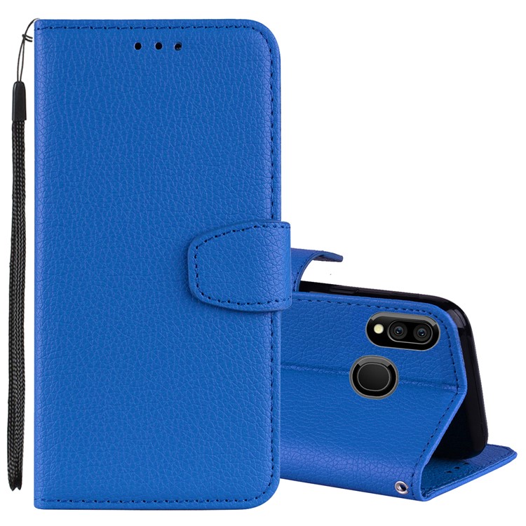 Litchi Skin Leather Stand Case with Card Slots for Samsung Galaxy M20 - Blue-1