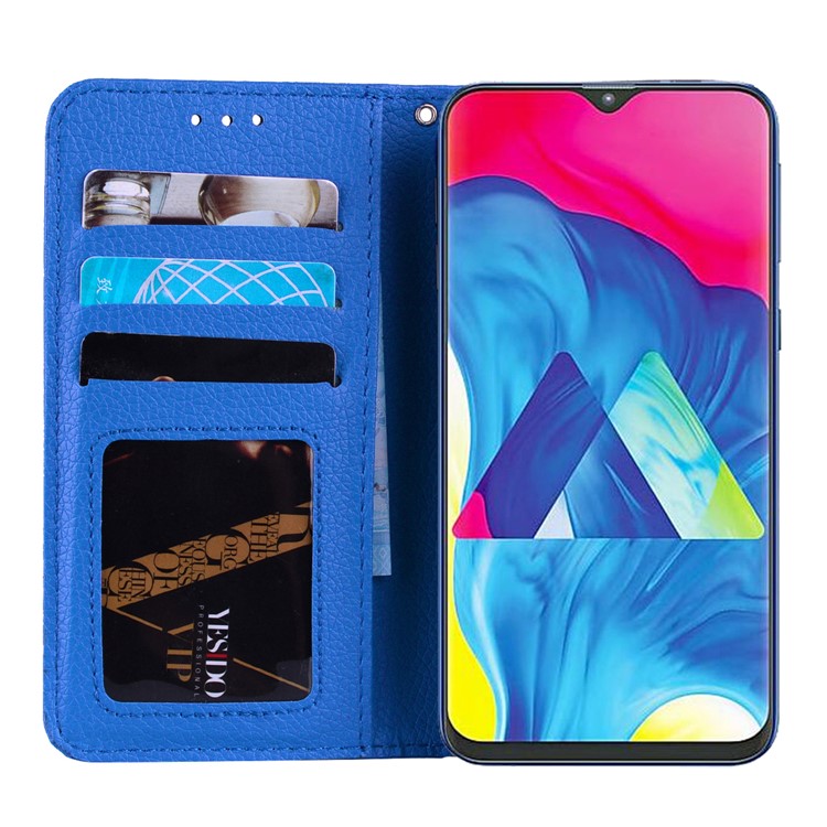 Litchi Skin Leather Stand Case with Card Slots for Samsung Galaxy M20 - Blue-6