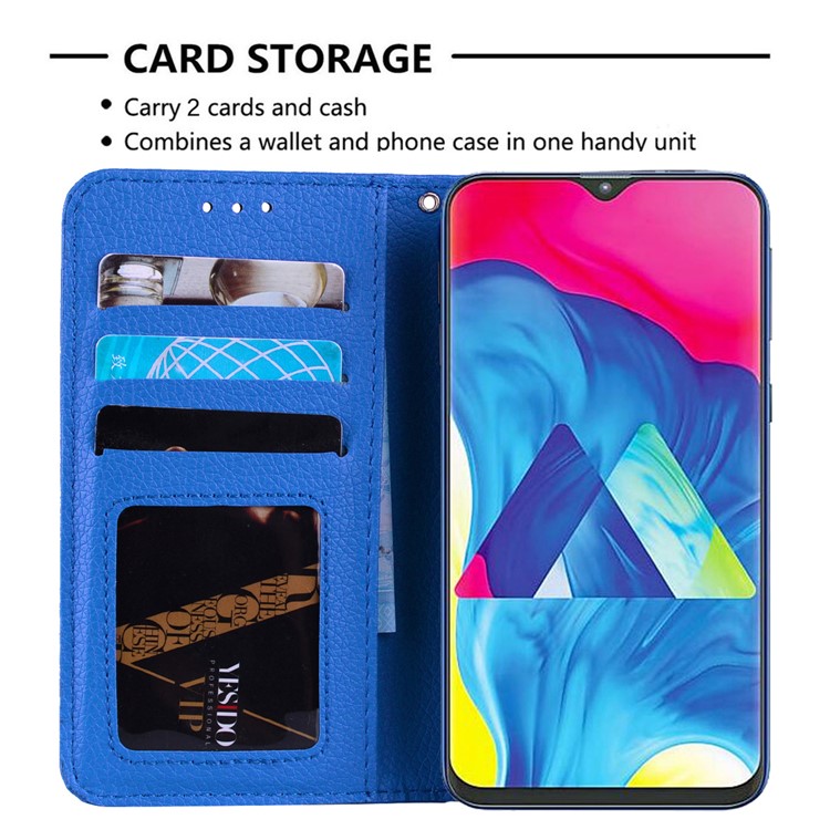 Litchi Skin Leather Stand Case with Card Slots for Samsung Galaxy M20 - Blue-8