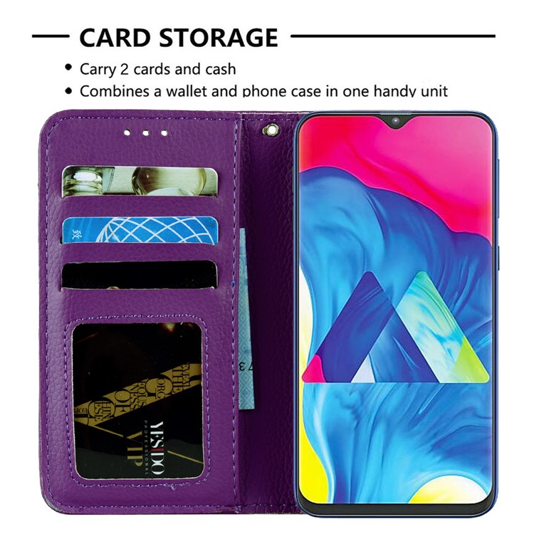 Litchi Skin Leather Stand Case with Card Slots for Samsung Galaxy M20 - Purple-8
