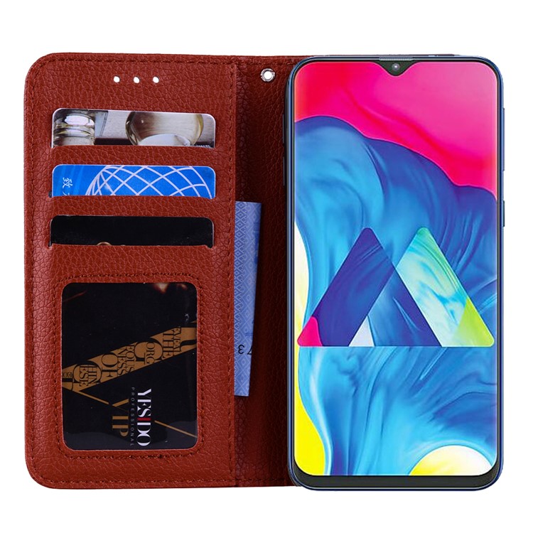 Litchi Skin Leather Stand Case with Card Slots for Samsung Galaxy M20 - Brown-6