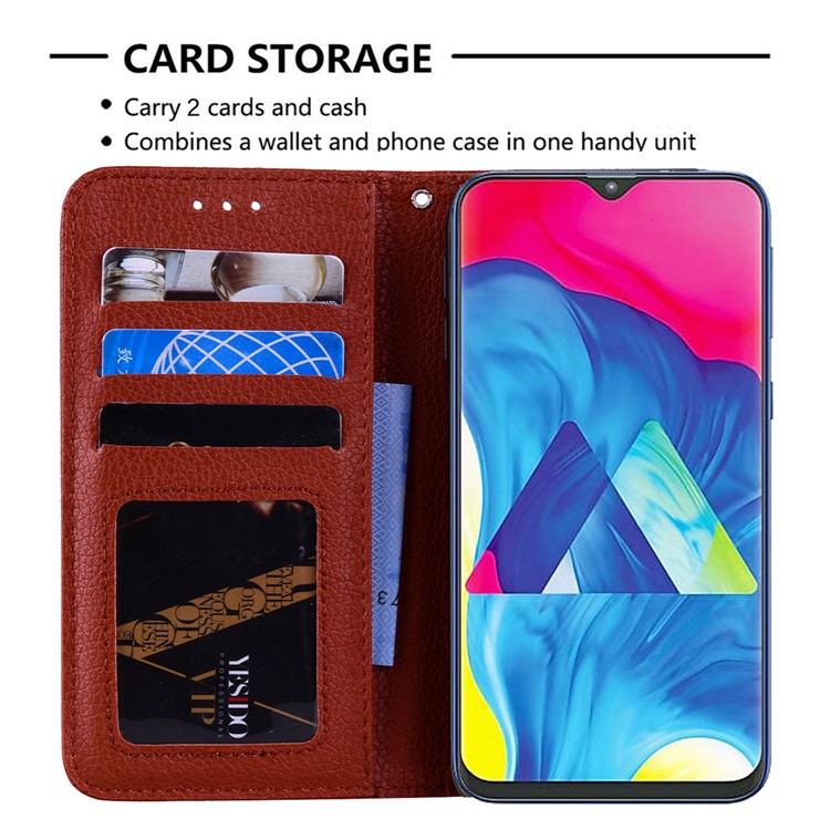 Litchi Skin Leather Stand Case with Card Slots for Samsung Galaxy M20 - Brown-8