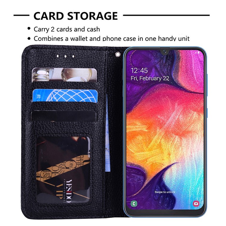 Litchi Skin Leather Wallet Case for Samsung Galaxy A20/A30 - Black-8