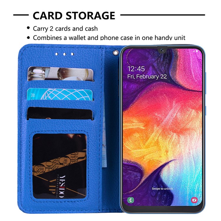 Litchi Skin Leather Wallet Case for Samsung Galaxy A20/A30 - Blue-8