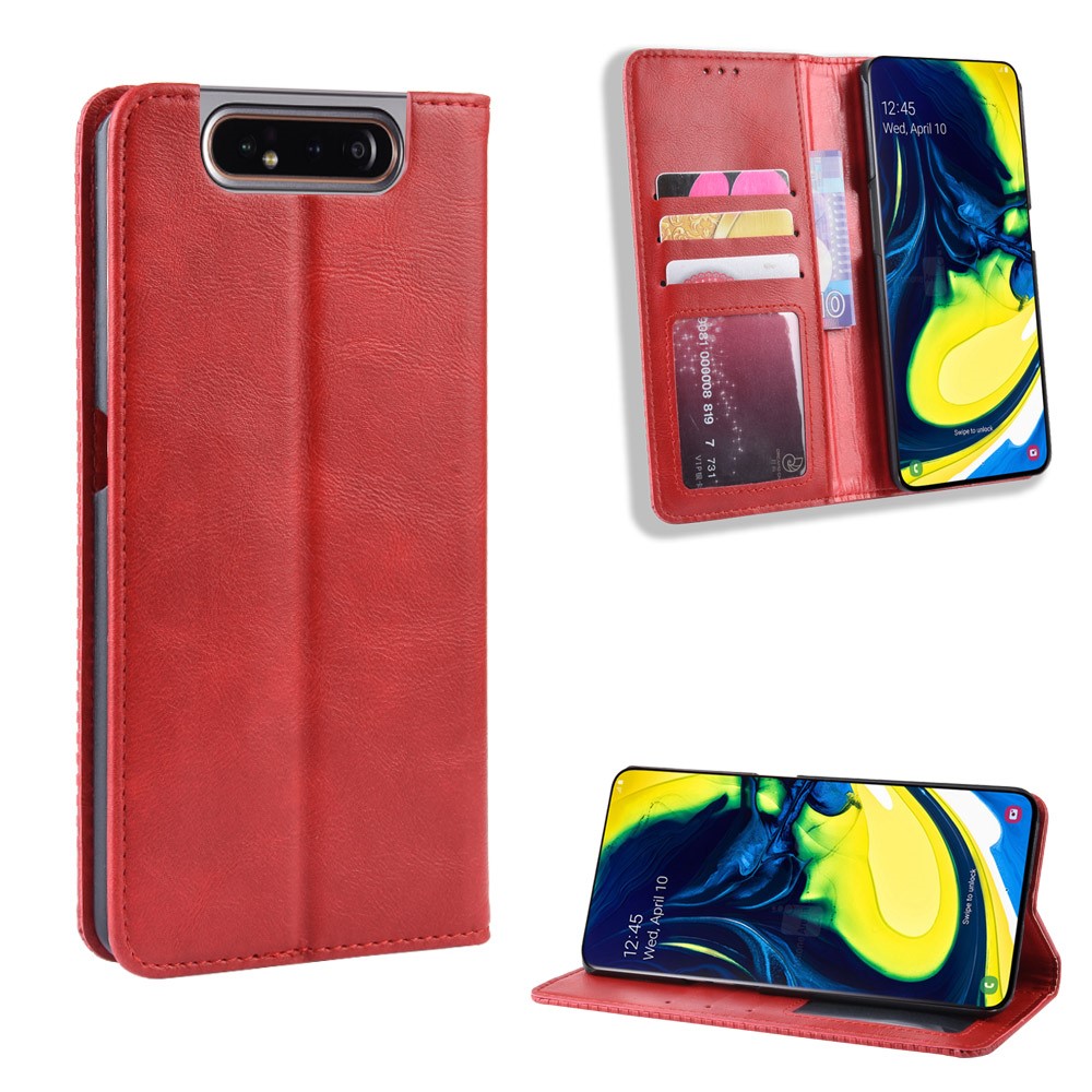 Auto-absorbed Vintage Style PU Leather Wallet Case for Samsung Galaxy A80 / A90 - Red-1
