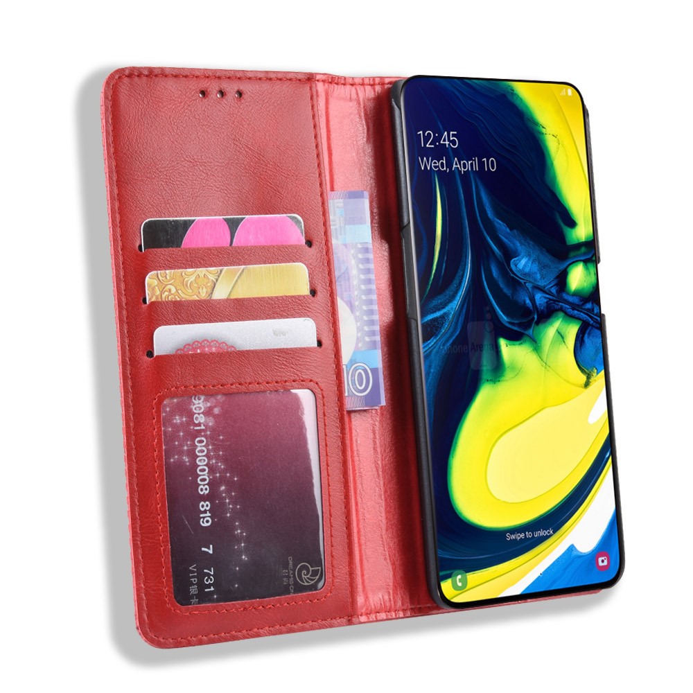 Estuche de Billetera de Cuero PU de Estilo Vintage de Estilo Automático Para Samsung Galaxy A80 / A90 - Rojo-5