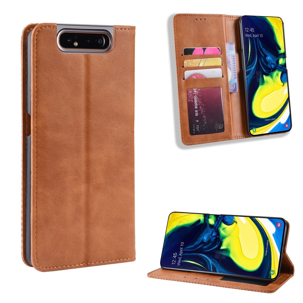 Auto-absorbed Vintage Style PU Leather Wallet Case for Samsung Galaxy A80 / A90 - Brown-1