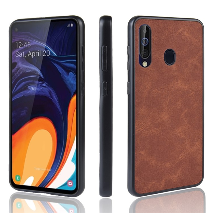 PU Leather Coated TPU + PC Back Phone Casing for Samsung Galaxy A60 - Brown-1