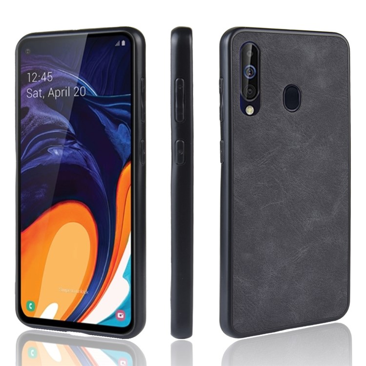 PU Leather Coated TPU + PC Back Phone Casing for Samsung Galaxy A60 - Black-1