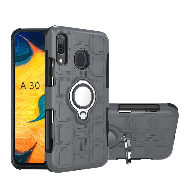 Geometric Pattern TPU PC Hybrid Case with Magnetic Car Mount Ring Holder for Samsung Galaxy A30 / A20 - Grey-1