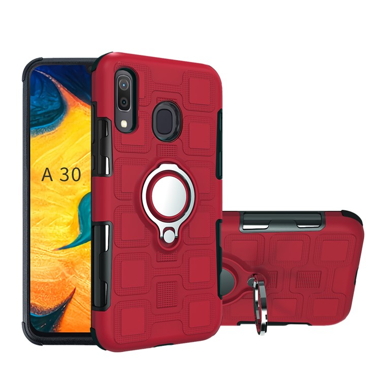 Geometric Pattern TPU PC Hybrid Case with Magnetic Car Mount Ring Holder for Samsung Galaxy A30 / A20 - Red-1