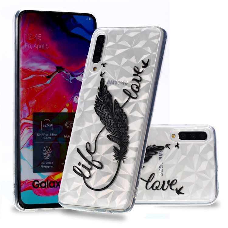 Embossed Pattern 3D Diamond Texture Soft TPU Back Case for Samsung Galaxy A70 - Feather-1