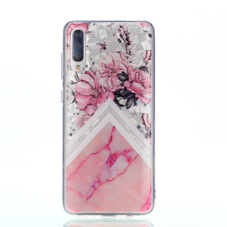 Embossed Pattern 3D Diamond Texture Soft TPU Back Case for Samsung Galaxy A70 - Marble Pattern and Flower-2