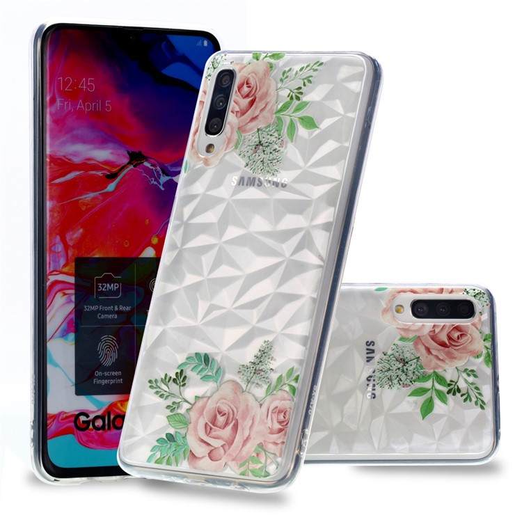 Embossed Pattern 3D Diamond Texture Soft TPU Back Case for Samsung Galaxy A50/A50s/A30s - Pink Roses-1