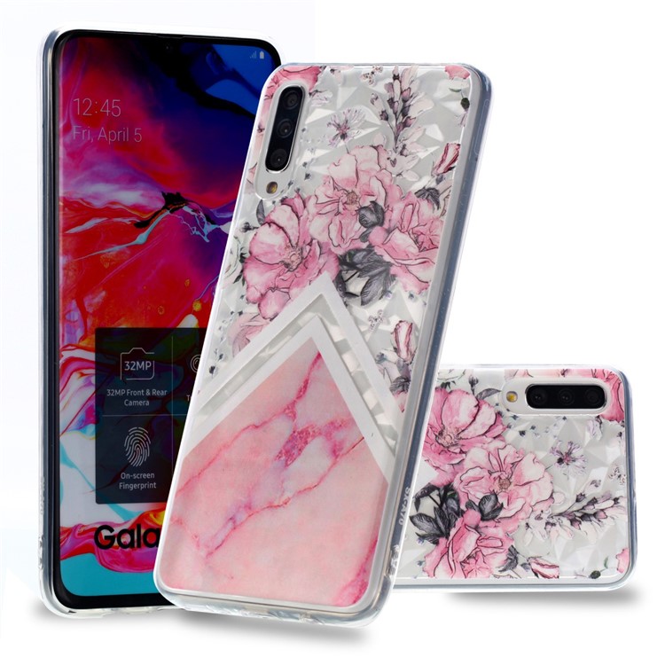 Embossed Pattern 3D Diamond Texture Soft TPU Back Case for Samsung Galaxy A50/A50s/A30s - Marble Pattern and Flower-1