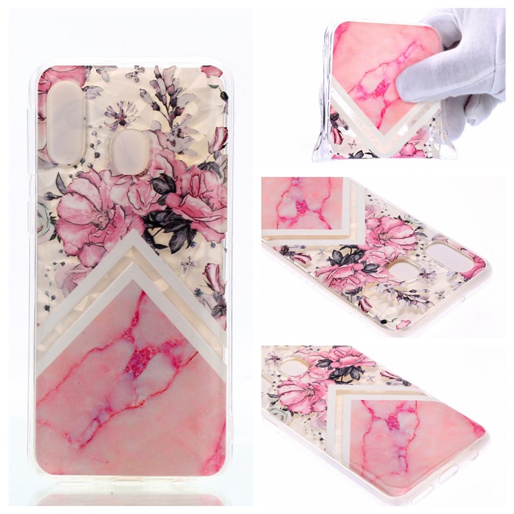 Embossed Pattern 3D Diamond Texture Soft TPU Back Case for Samsung Galaxy A40 - Marble Pattern and Flowers-1