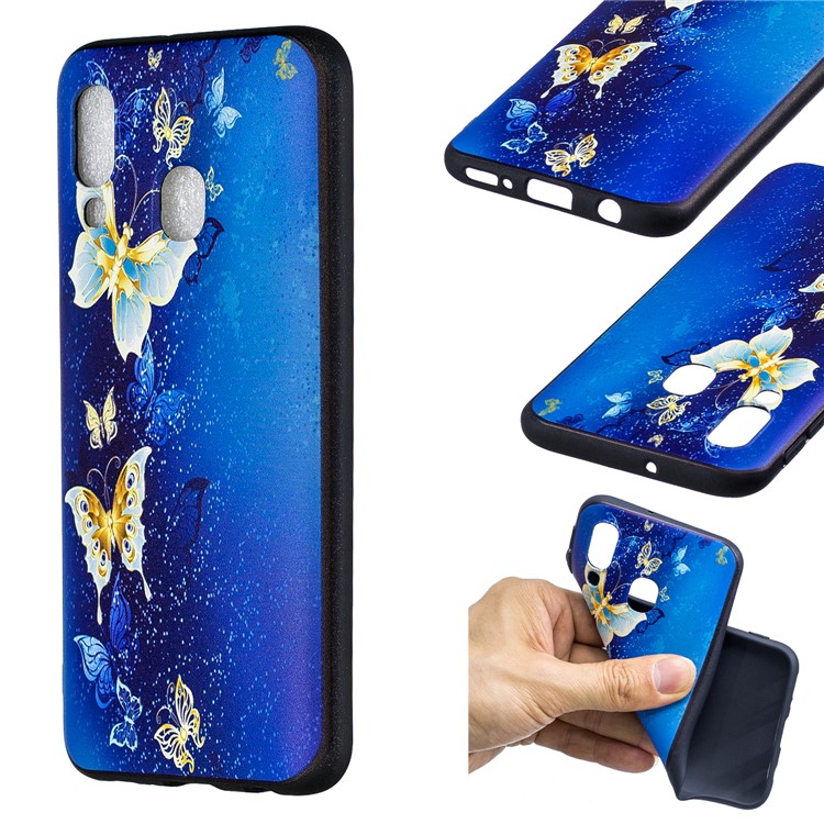 Accessorio In TPU Con Motivo Motivo Goffrato Per Samsung Galaxy A40 - Farfalla Blu-1