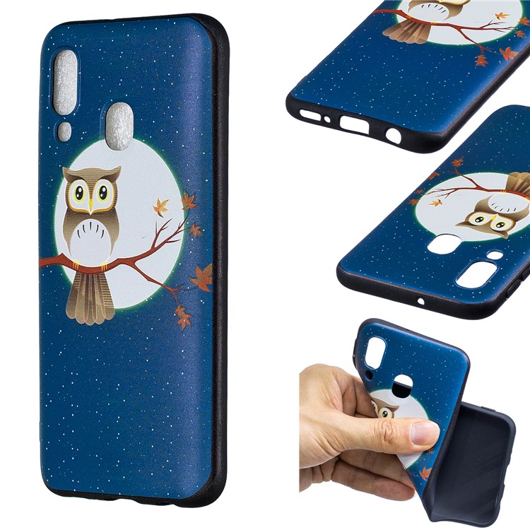 Embossment Patterned TPU Case Accessory for Samsung Galaxy A40 - Owl Moon Stars-1
