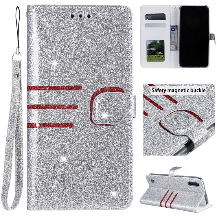 Glitter Powder Coated Wallet Leather Phone Case for Samsung Galaxy A10 / M10 - Silver-1
