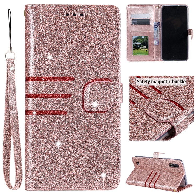 Glitter Powder Coated Wallet Leather Phone Case for Samsung Galaxy A10 / M10 - Rose Gold-1