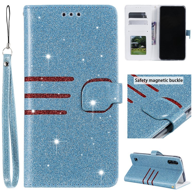 Glitter Powder Coated Wallet Leather Phone Case for Samsung Galaxy A10 / M10 - Blue-1