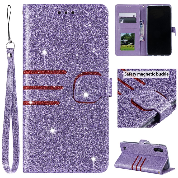 Glitter Powder Coated Wallet Leather Phone Case for Samsung Galaxy A10 / M10 - Purple-1