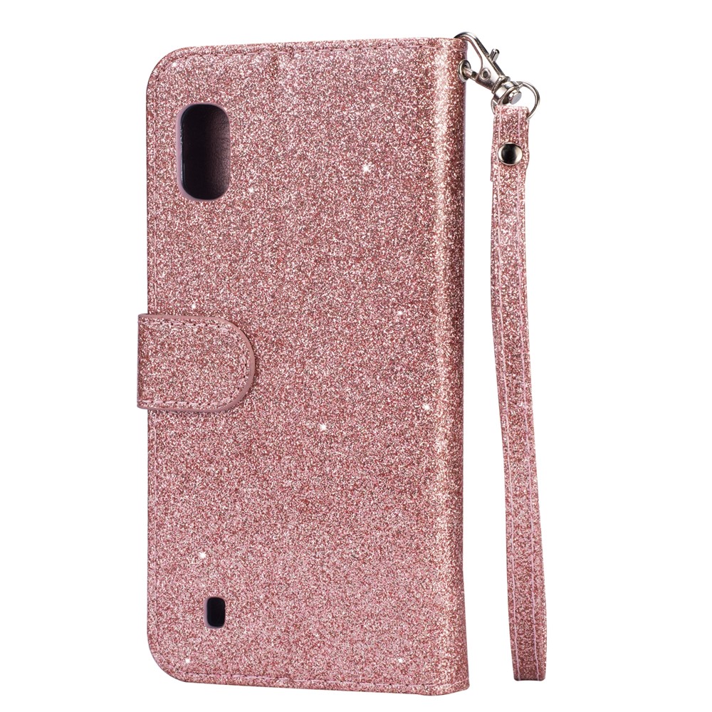 Glitter Powder Zippered Stand Leather Wallet Case with Strap for Samsung Galaxy A10 - Rose Gold-2