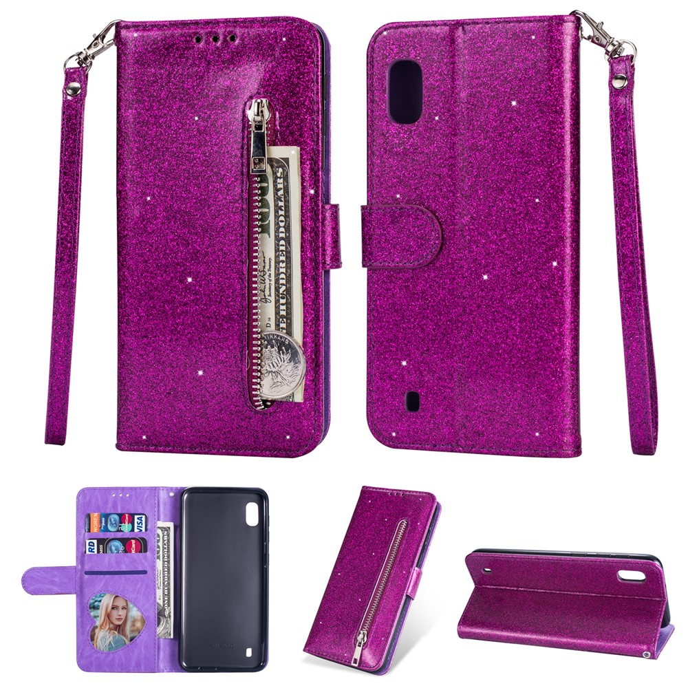 Glitter Powder Zippered Stand Leather Wallet Case with Strap for Samsung Galaxy A10 - Purple-1